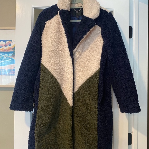 J Crew Women's Navy Ivory Olive Colorblock Sherpa Coat Medium K3106 ($36… - Picture 7 of 9